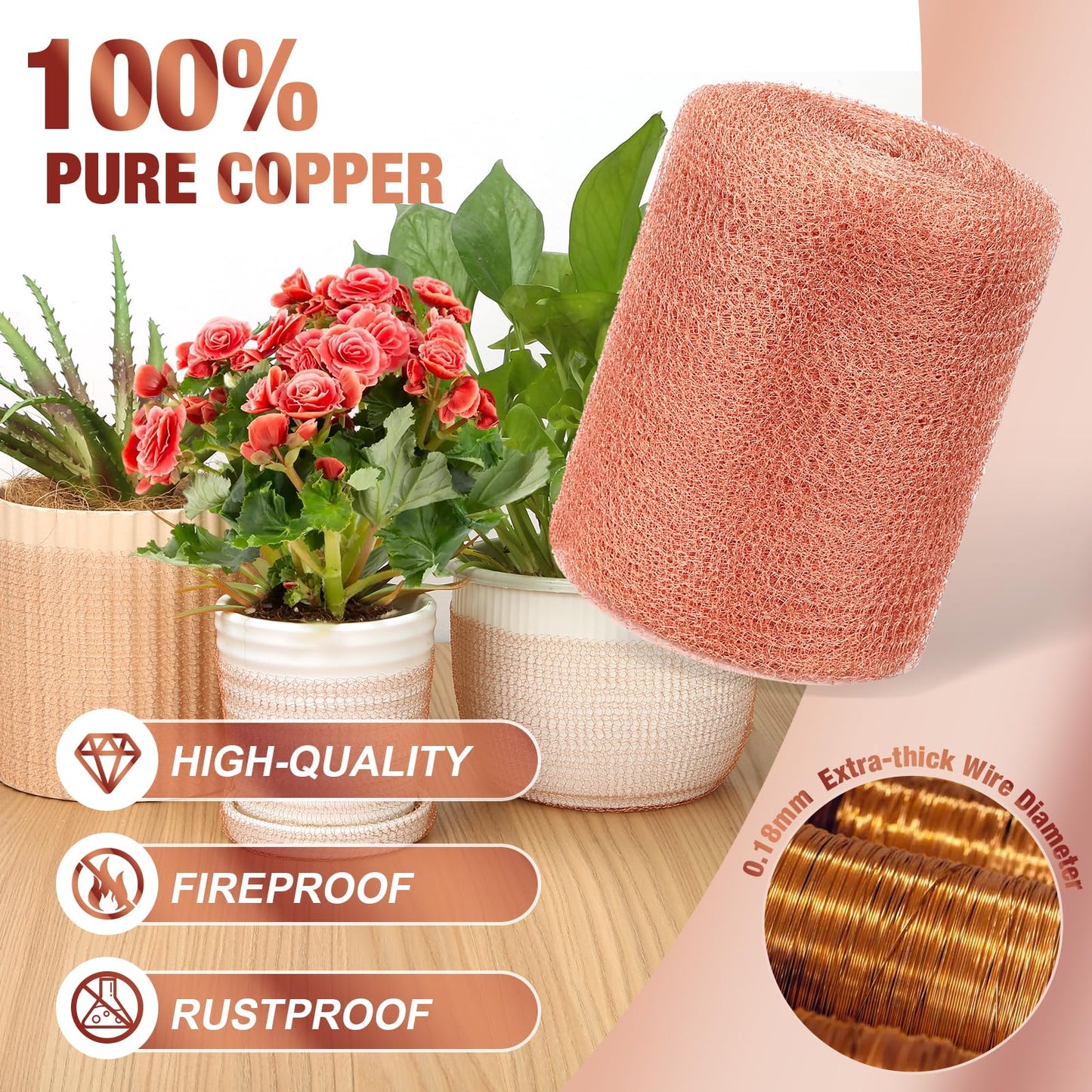 Angooni Copper Mesh,Pure Copper Wire Mesh 5in x 50ft Premium Copper Mesh Ideal for Hole Blocking, Rustproof Pure Copper Mesh Roll