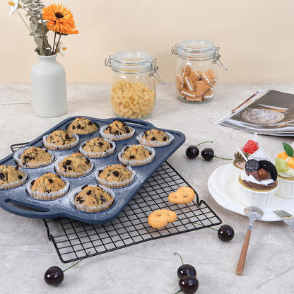 Vnray 2 Pack Silicone Muffin Pan with Metal Frame, Non Stick Silicone Cupcake Pan with Handles Regular 12 Cup, BPA Free Silicon Muffin Tin Tray for Baking, Egg Bites, Cupcake Mold Grey