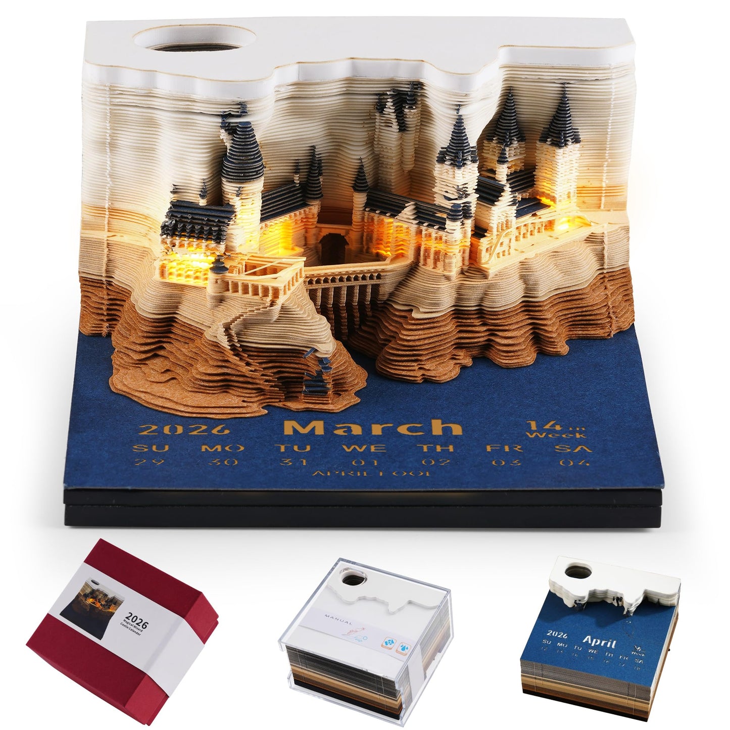 3D Time Piece Calendar 2026, Art Calendar Memo Pad 2026 Mini Desk Calendars Magic Castle with Lights, 3D Sticky Note Desktop Tear Off Calendar Gift for Christmas Office Decoration
