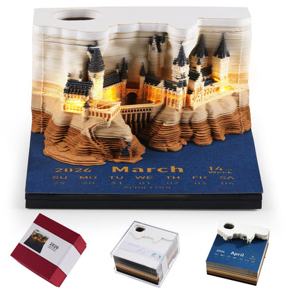 3D Time Piece Calendar 2026, Art Calendar Memo Pad 2026 Mini Desk Calendars Magic Castle with Lights, 3D Sticky Note Desktop Tear Off Calendar Gift for Christmas Office Decoration