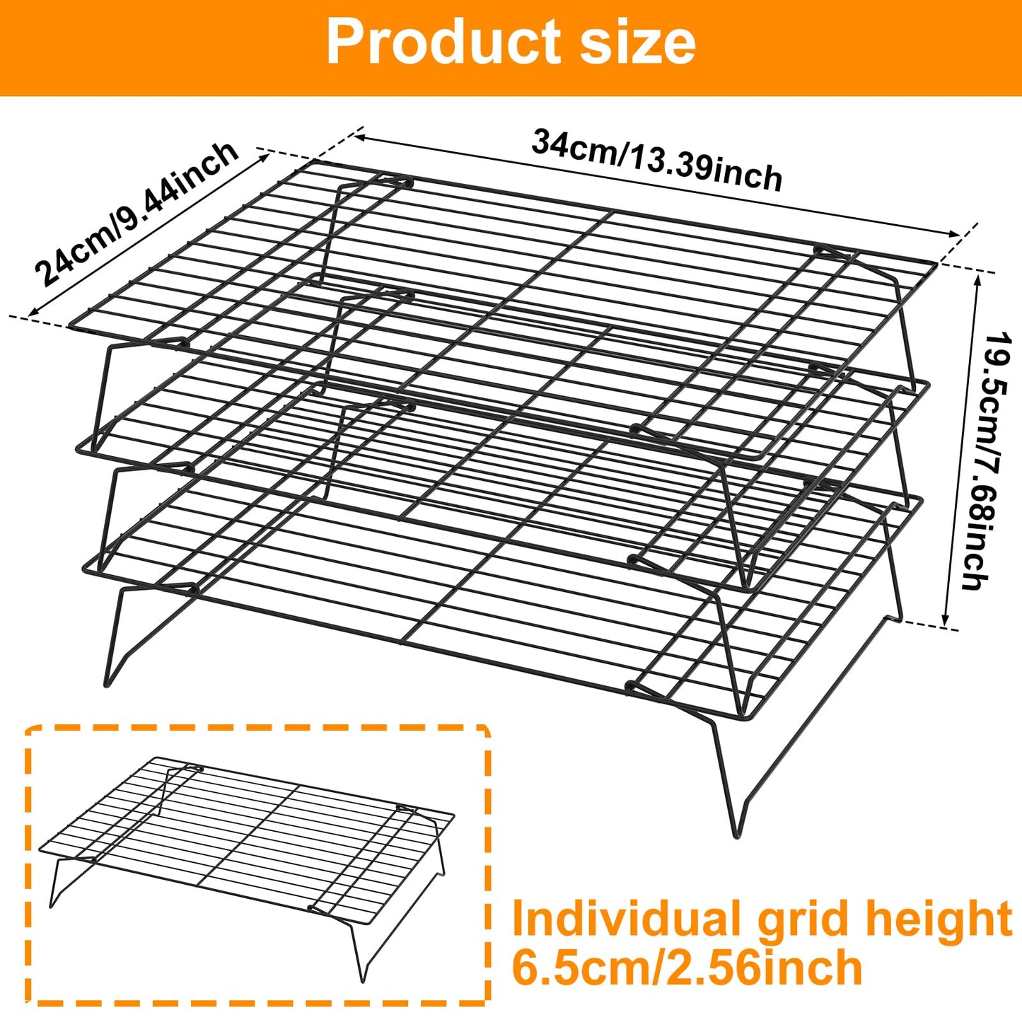 Abizarch 3-Tier Cookie Cooling Rack, 13.4“x9.4" Stackable Iron Baking Cooling Rack,Cooling Rack for Baking, Foldable Wire Cooling Rack Space Saving for Cupcakes Pies Cookies Gadgets