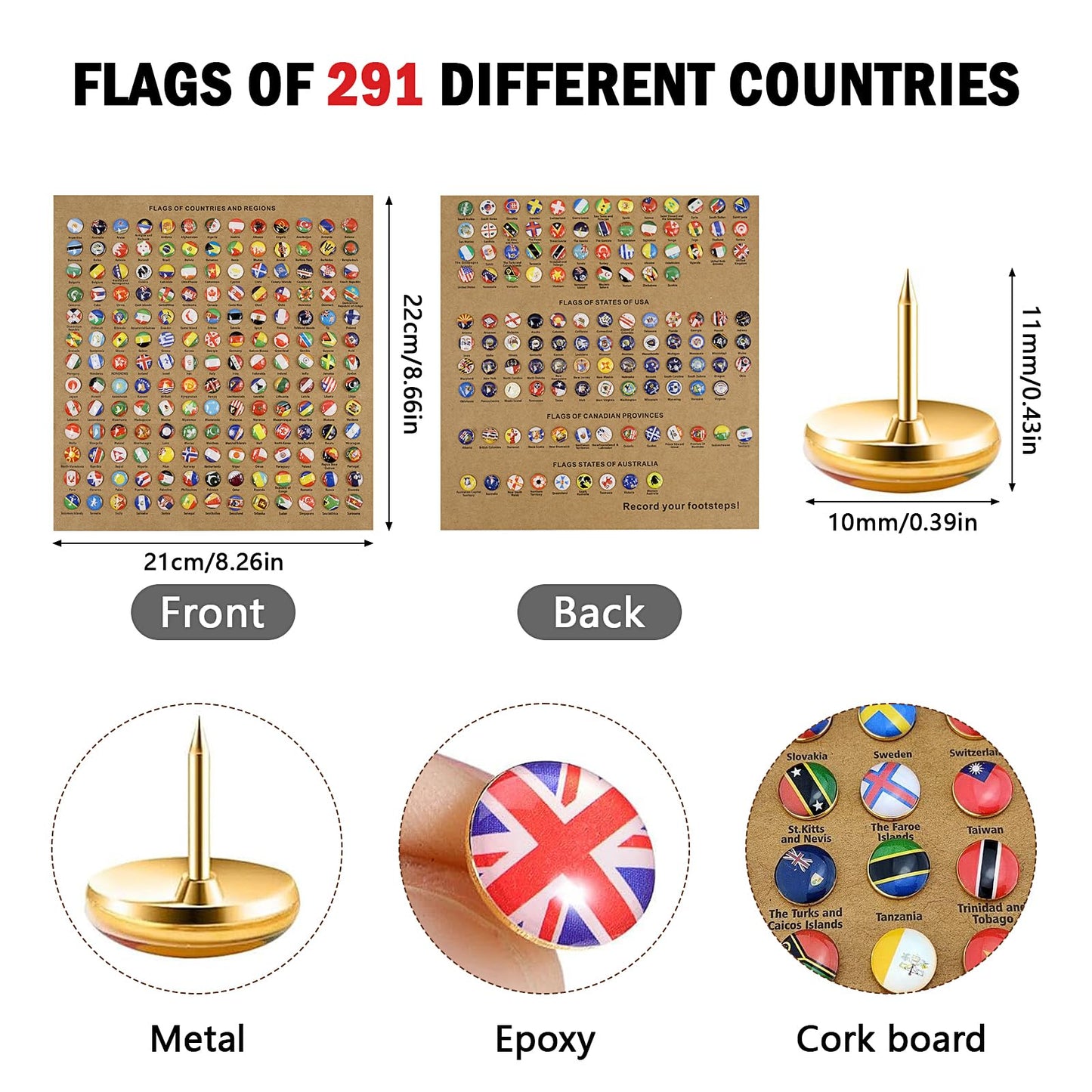 291 Pcs Country Flag Push Pins, National Flag Pin Thumb Tacks Cork Board Pin, Map Pins Cute Decorative Push Pins for Home Office Classroom Bulletin Board Travel World Map