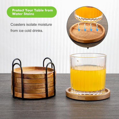 WLWNWFT Acacia Wood Round Coasters with Holder, Set of 6, Brown
