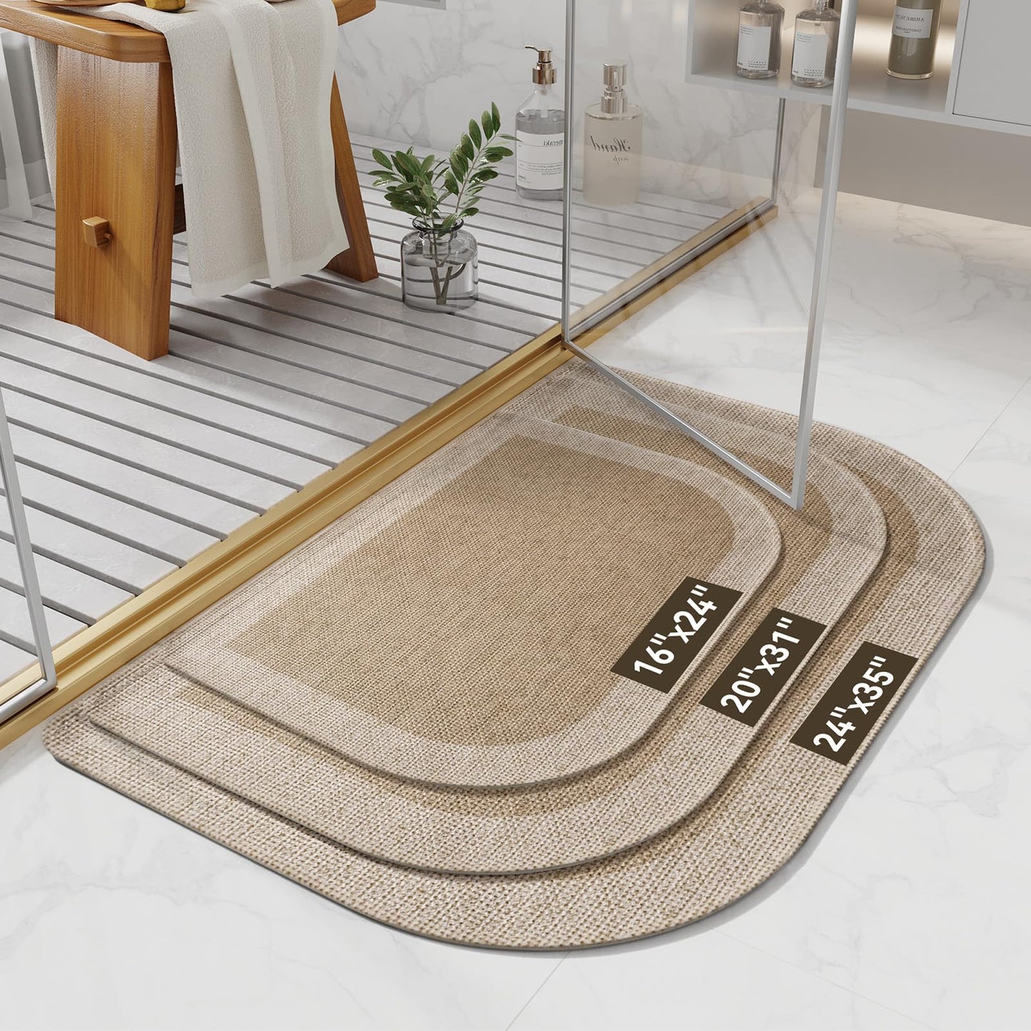 Bathroom Rugs Mat 20x31, Ultra Thin Non Slip Bath Mats for Bathtub Quick Dry Absorbent Rubber Bathroom Mat Fit Under Door, Washable Half Round Bath Rugs, Beige Brown
