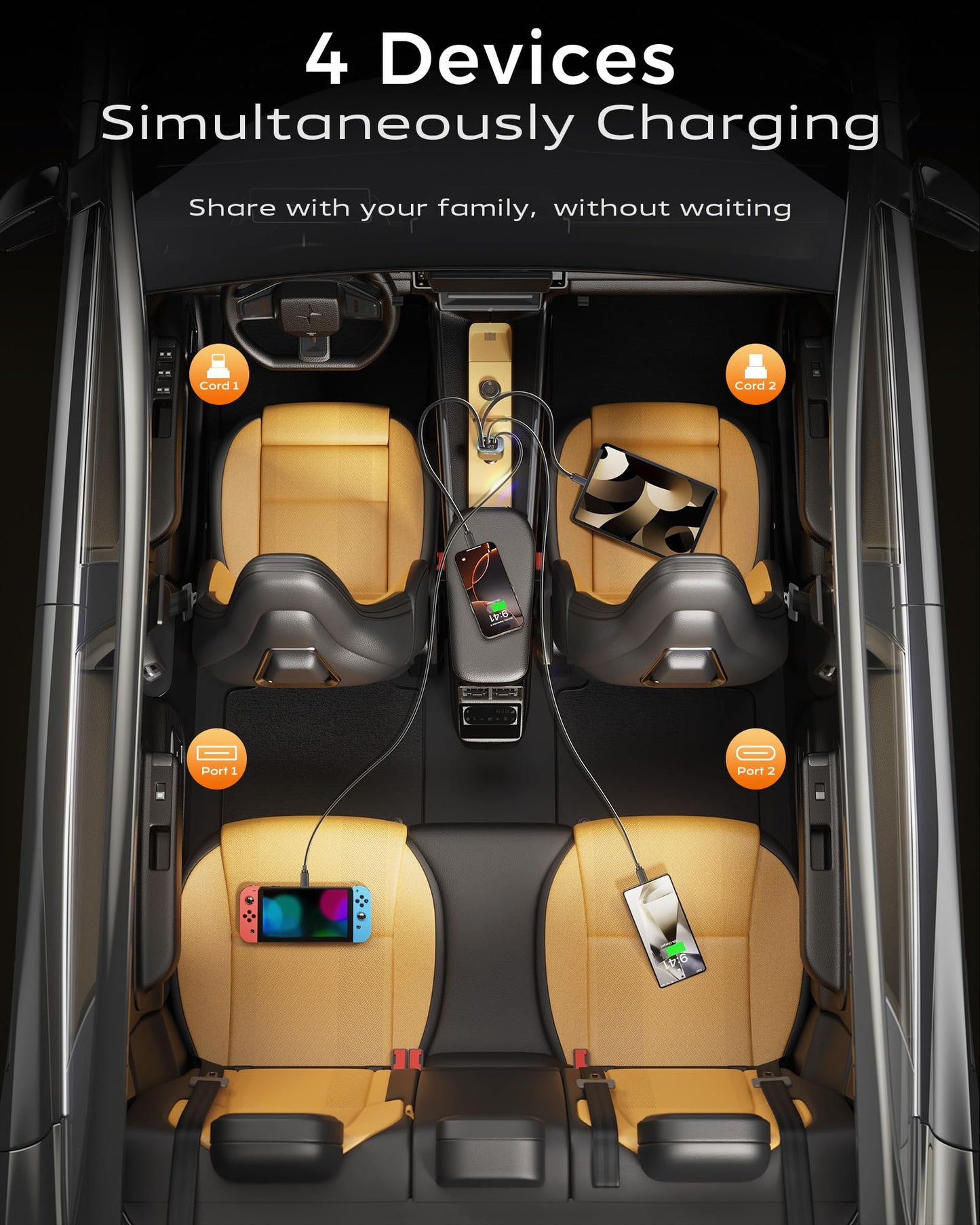 Retractable Car Charger 4 in 1 Car Phone Charger with Led Light USB C Fast Charger for Car with 2 Retractable Cables and 2 USB Ports Compatible with i Phone 17/16/15/14/13/iPad Galaxy S25/24 Android