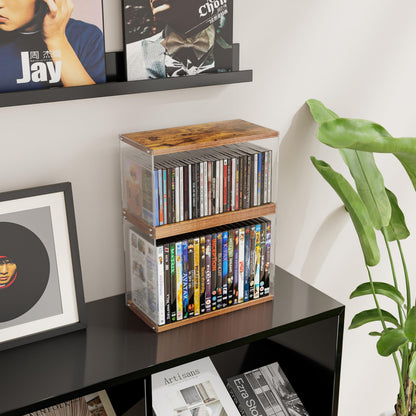 2Pack Stackable Wood Acrylic CD Holder Desk Rack Organizer Holds up to 60 CD Jewel Cases Media Storage Rack for Movie & Video Games Collections (Burning Wood)