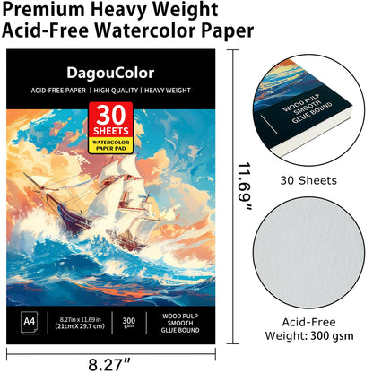 DagouColor Watercolor Paper Pad, A4, 2 Pack, 30 Sheets Each, 140lb/300gsm Cold-pressed Paper, Artist Book for Adults Kids, Painting, Drawing, Mixed Media
