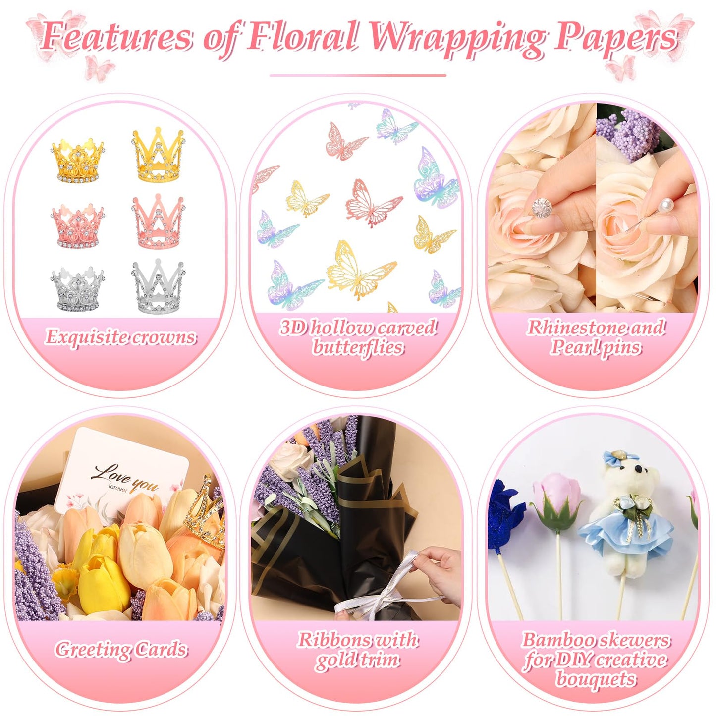 311 PCS Flower Wrapping Paper Bouquet Kit, 30 Sheets Waterproof Floral Wrapping Paper With Ribbons, Flower Pearl Pins, Bamboo Skewers, 3D Butterflies Crowns for Florist Craft Mother's Day Birthday