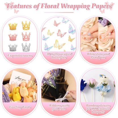 311 PCS Flower Wrapping Paper Bouquet Kit, 30 Sheets Waterproof Floral Wrapping Paper With Ribbons, Flower Pearl Pins, Bamboo Skewers, 3D Butterflies Crowns for Florist Craft Mother's Day Birthday