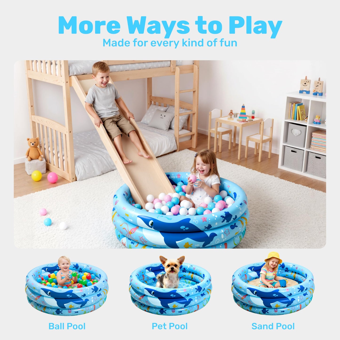Sloosh Inflatable Kiddie Pool, 34"x10" Blow Up Kids Pool, 3 Rings Blue Baby Pool for Toddler, Kid Swimming Pool Play Pit for Dog with Ocean Whale Pattern for Summer Water Party Backyard Garden(Whale)