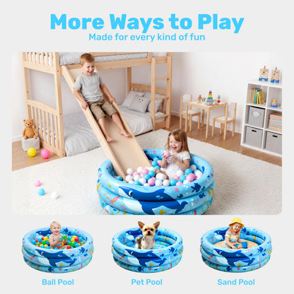 Sloosh Inflatable Kiddie Pool, 34"x10" Blow Up Kids Pool, 3 Rings Blue Baby Pool for Toddler, Kid Swimming Pool Play Pit for Dog with Ocean Whale Pattern for Summer Water Party Backyard Garden(Whale)