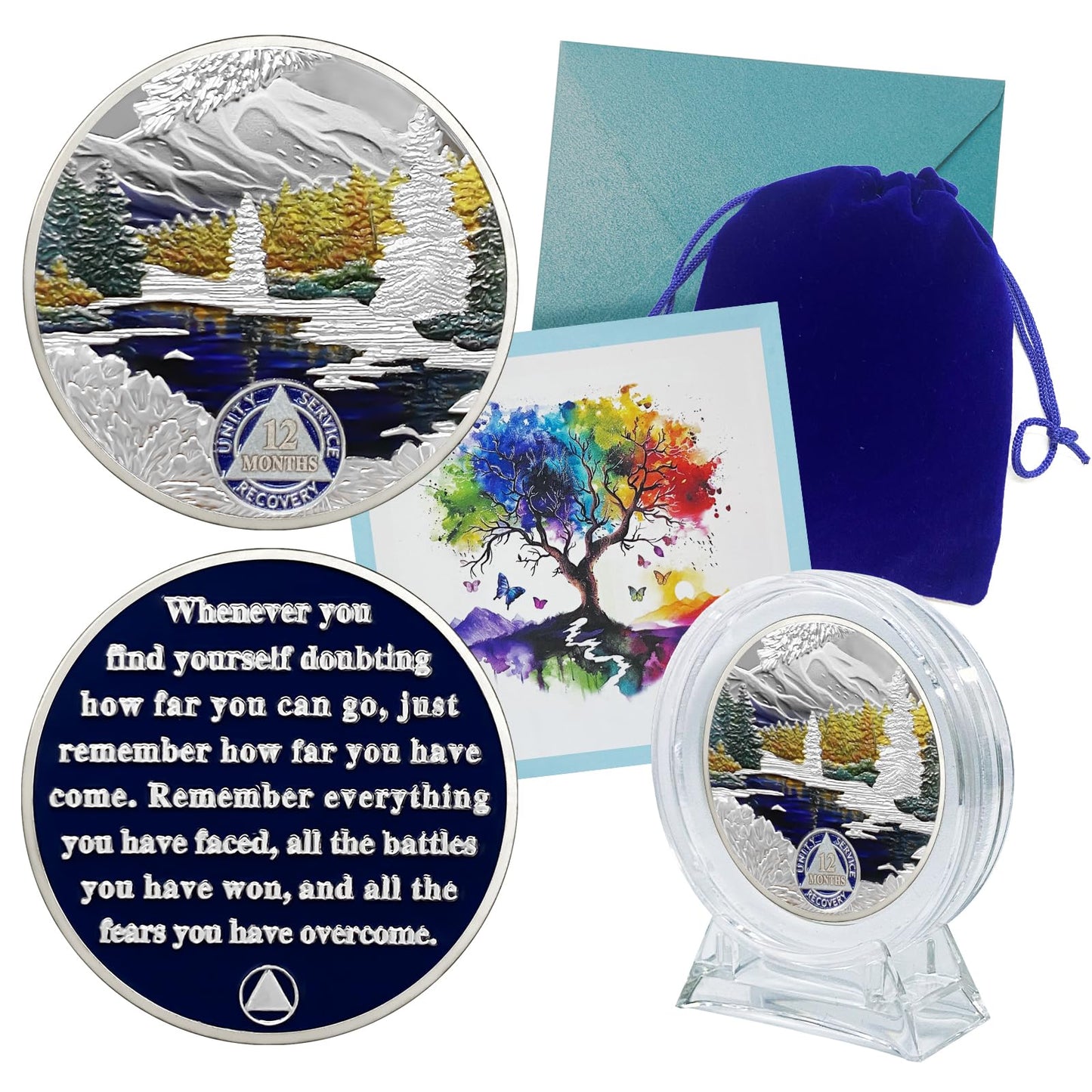 CHURYUML 1 Year Sobriety Coin 12 Month AA Coins 365 Day Sobriety Gifts Recovery Medallions Sober Chip Alcoholics Anonymous Token Sober Anniversary Gifts with Capsule, Display & Card
