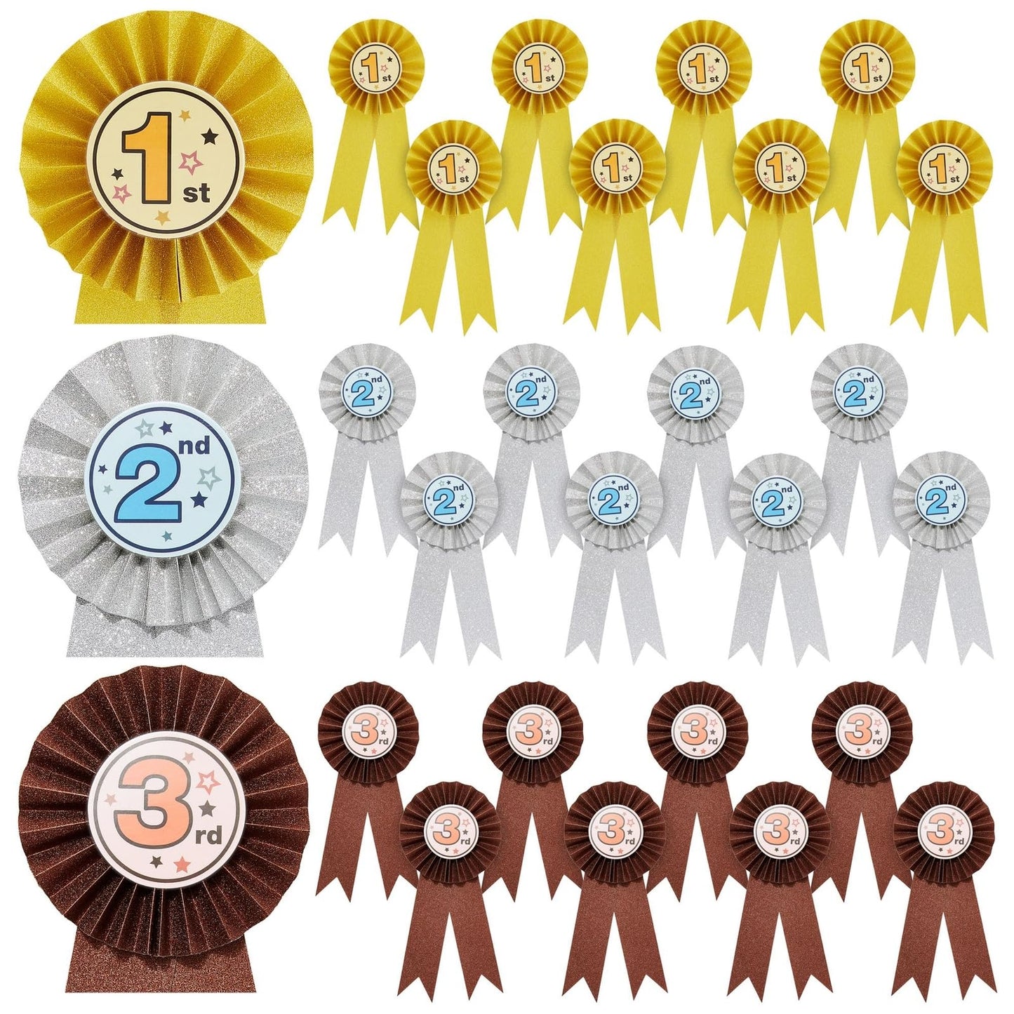 24-Pack Award Ribbons - Participation Decorations, Rosette Ribbons, 1st, 2nd, and 3rd Place Recognition Awards for Spelling Bees, Science Fairs, Talent Shows, Gold, Silver, Bronze