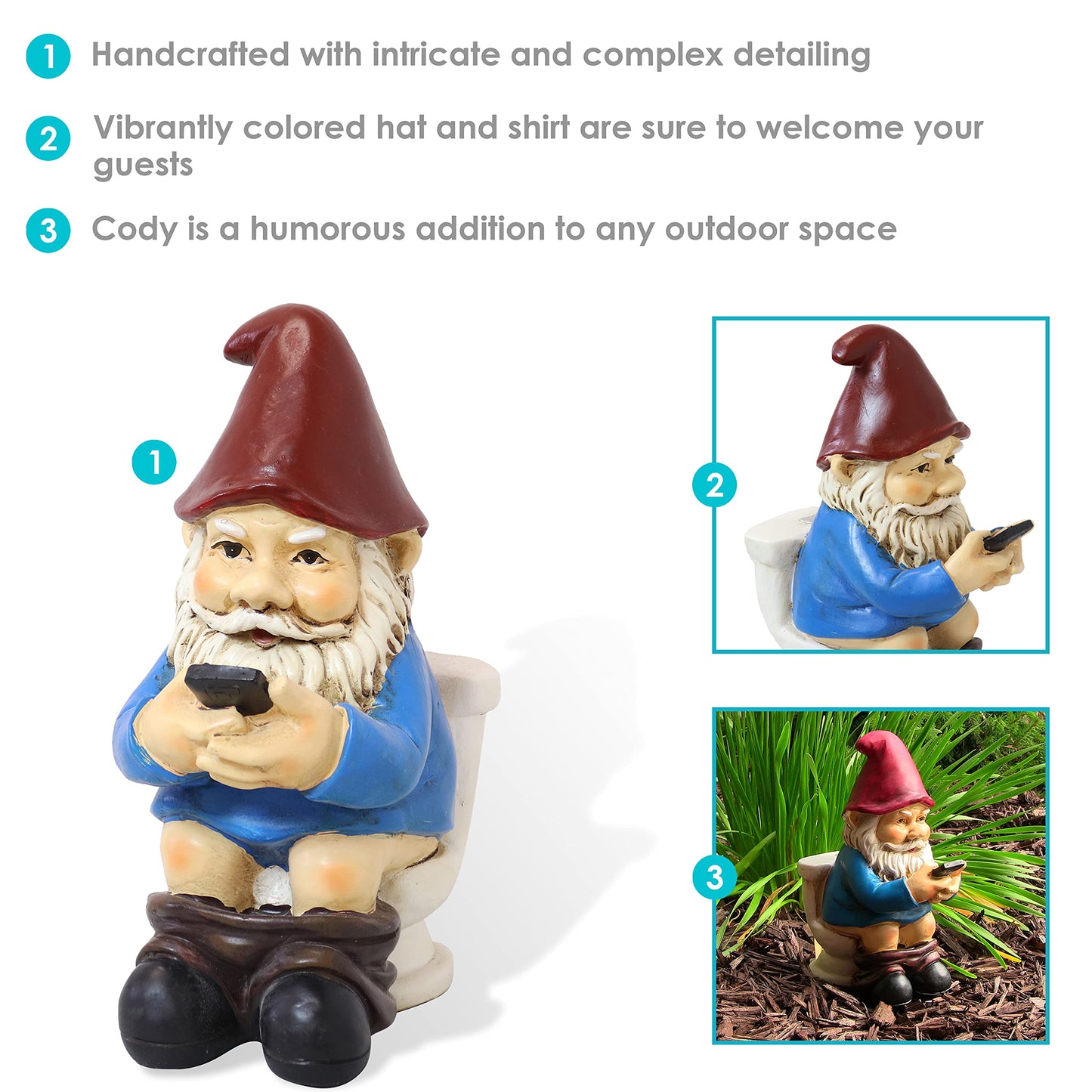 Sunnydaze 9.5" Cody The Funny Garden Gnome - Outdoor Gnome on The Throne Reading His Phone - Yard, Patio, Lawn, and Outdoor Decor