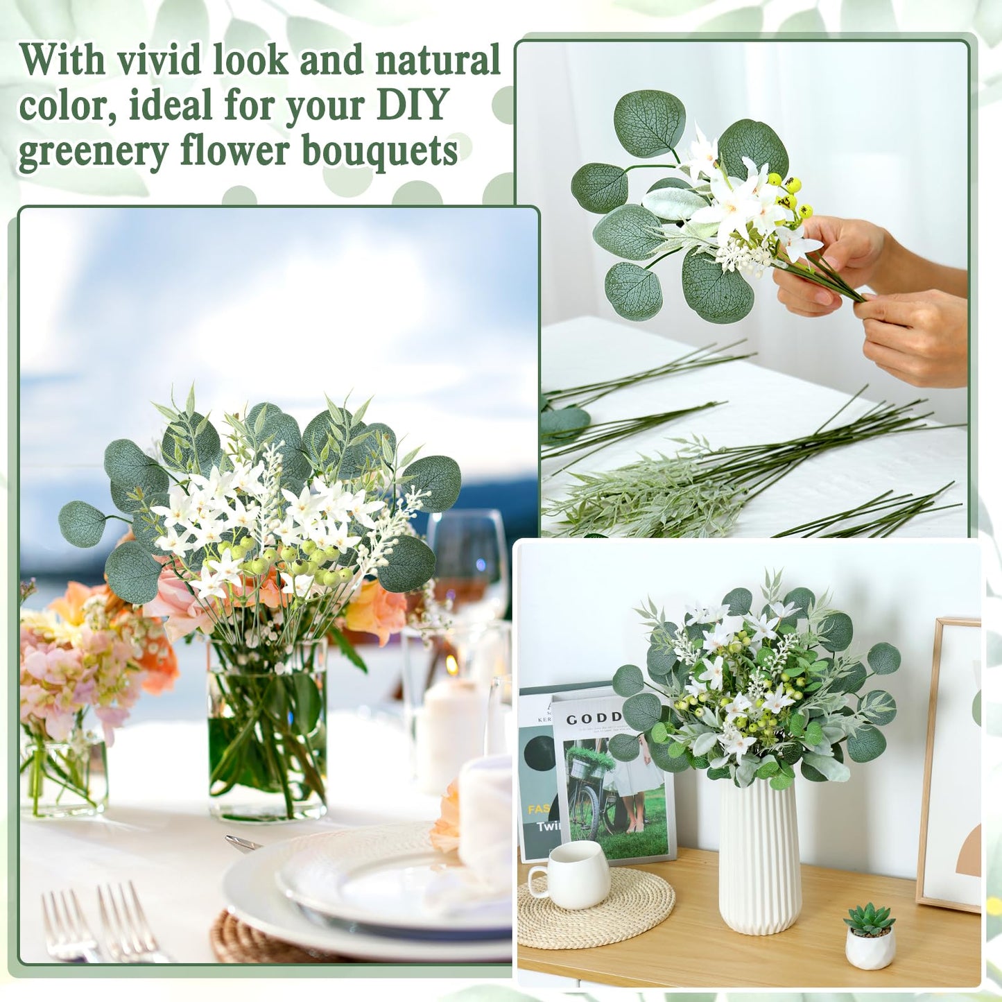 KHOYIME Artificial Greenery Stems Set with 8 Kinds of Eucalyptus Leaves White Flowers Berries Mixed Fake Green Plants Bulk Faux DIY Floral Bouquets Arrangement for Home Table Wedding Party Decor 75PCS