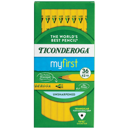 Ticonderoga My First Tri-Write Triangular Pencils, Primary Size, No:2 Soft Without Erasers, Wood-Cased, Black Writing, 36 Count (13084)