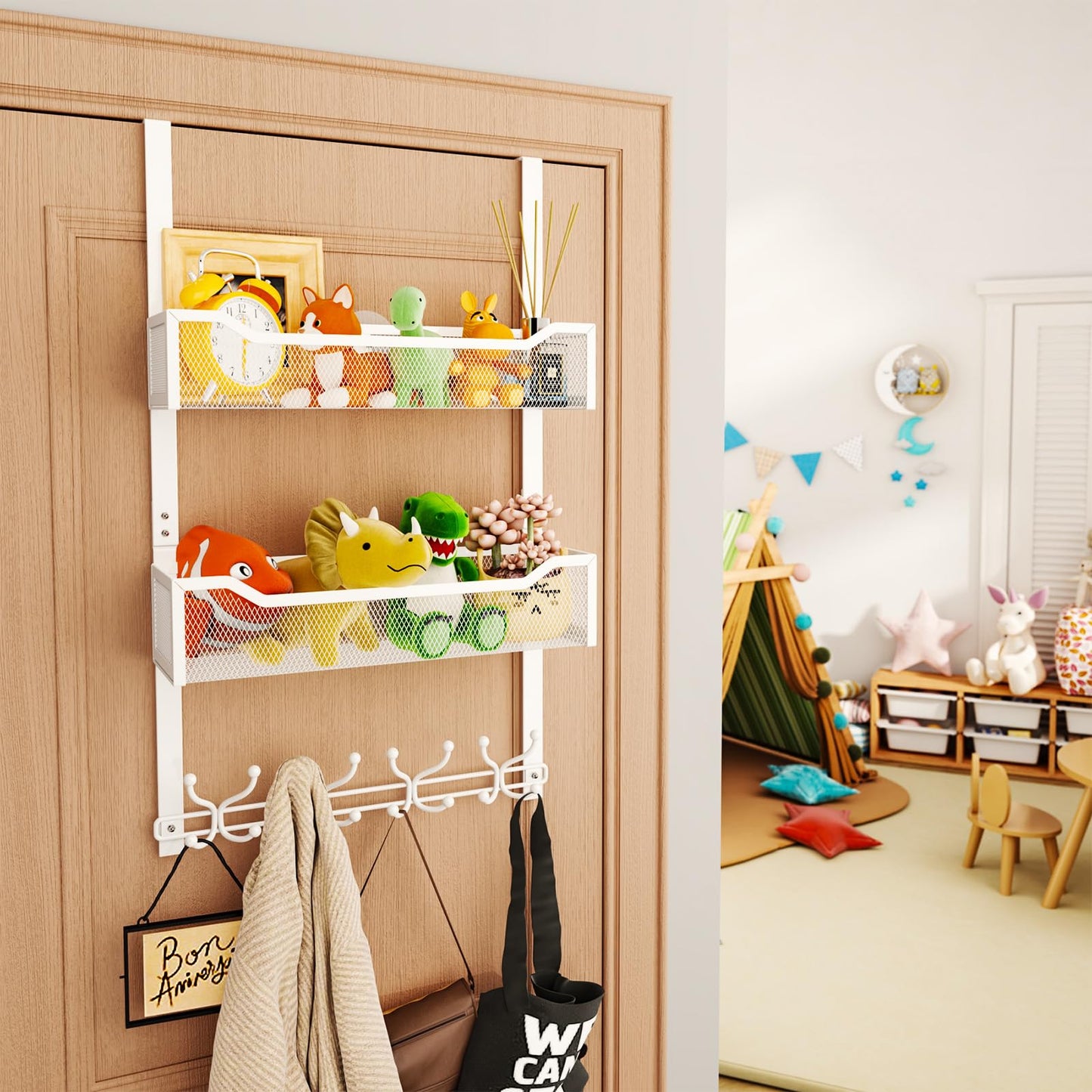 SWTYMIKI Over The Door Hook with 16 Hooks & 2 Mesh Baskets - Heavy Duty Over The Door Organizer Hanger for Towels, Coats, Clothes - Space Saving Hanging Rack for Bathroom, Living Room, White