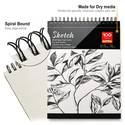2 Pack Sketch Books, AGPtEK Art Drawing Pad, Drawing Paper 9 X 12 inch, 100 Sheets in Each Pack, 60lb/100g，Ideal for Watercolor, Acrylic Art, Sketching and Noteboo2 Pack Sketch Books