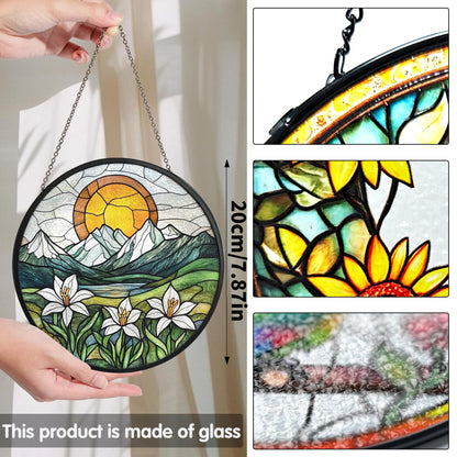Bimkole Sun Mountain Stained Glass Suncatcher Window Hanging - Flowers Indoor Window or Doorway Decoration - Handmade Sun Catcher Decor for Garden Home Christmas & Birthday Gifts 7.87x7.87 Inch