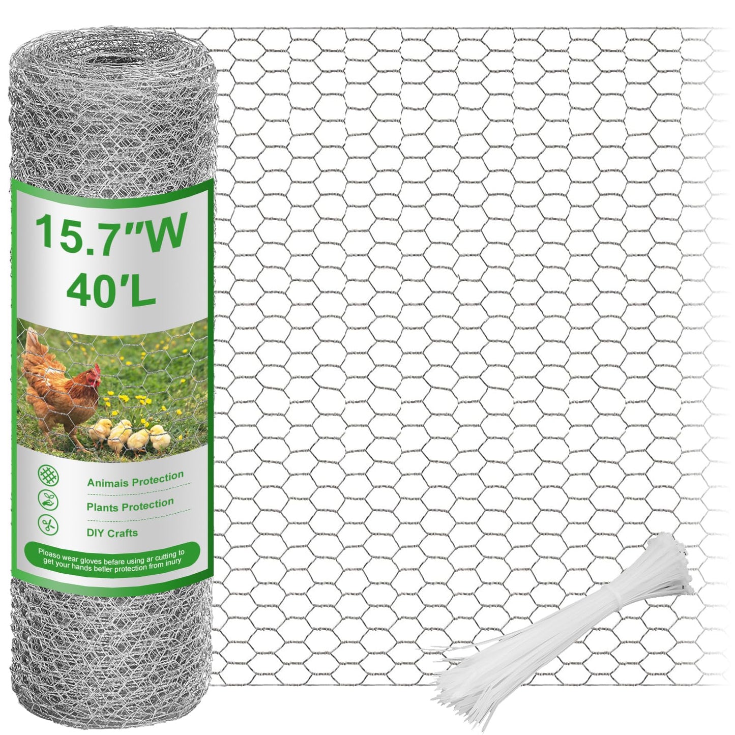 16inx40ft Chicken Wire with 100 Zip Ties, Galvanized Hexagonal Metal Mesh Wire Fencing to Protect Gardening Plants, Vegetables, Flowers, Fruits from Dogs, Rabbits Squirrels