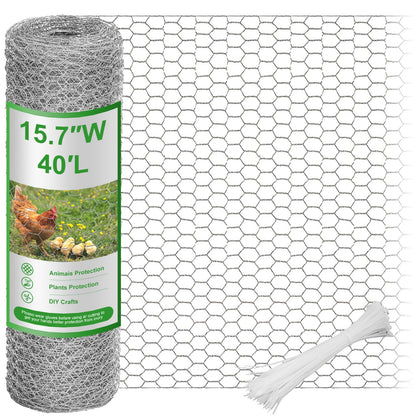 16inx40ft Chicken Wire with 100 Zip Ties, Galvanized Hexagonal Metal Mesh Wire Fencing to Protect Gardening Plants, Vegetables, Flowers, Fruits from Dogs, Rabbits Squirrels