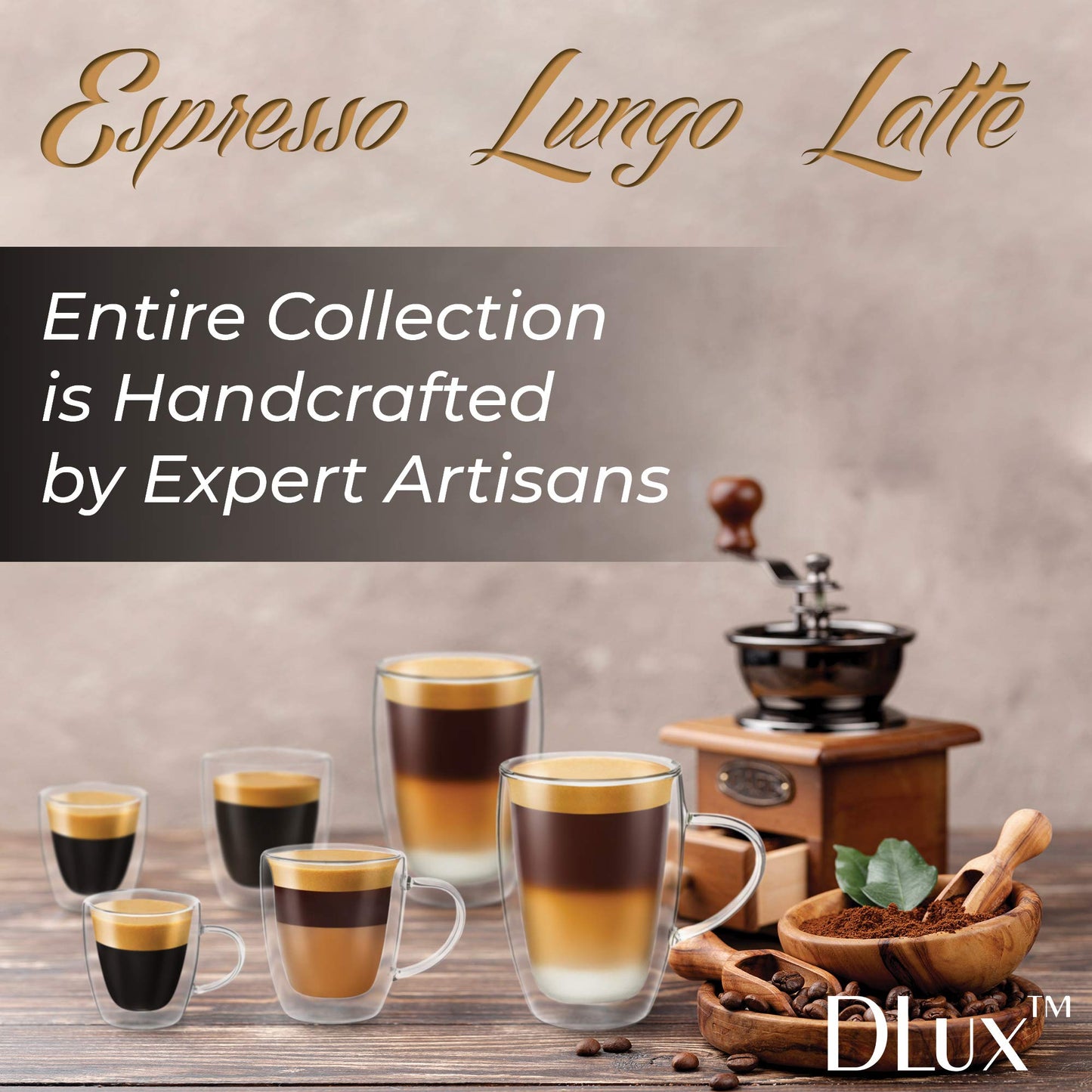 DLux Espresso Coffee Cups 350ml, 12oz Latte Clear Glass Set of 2 Cups with Handles, Double Wall Insulated Borosilicate Glassware Cup - Wine, Tea Glasses