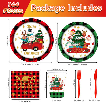 144PCS Christmas Paper Plates and Napkins Party Supplies Christmas Party Decorations Christmas Party Supplies Xmas Tableware Set Santa Claus Christmas Tree Plates Napkins Cups Forks Knives Serve 24