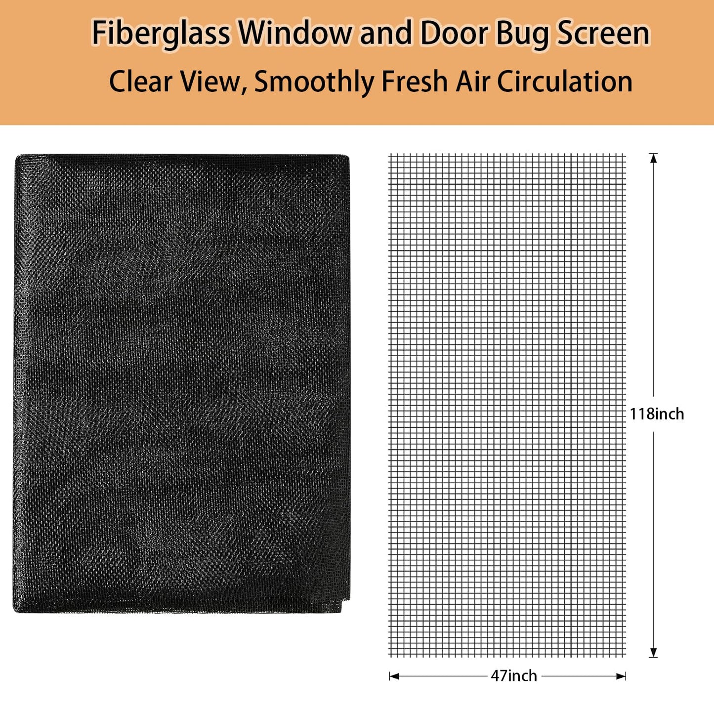 Screen Door Repair Kit Replaceable, 47" x118" Window Screen Repair Kit,Fiberglass Screen Door Mesh with 64ft Spline/Hook/Rolling Tool for Patio Door, Sliding Screen Door Pet Door (120x300cm, Black)