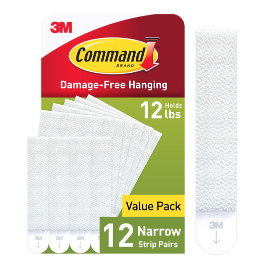 Command Narrow Picture Hanging Strips, Damage Free Hanging Picture Hangers, No Tools Wall Strips for Living Spaces, 12 White Adhesive Strip Pairs. Easy to Open Packaging (24 Strips)
