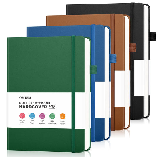 Bullet Dotted Journal Notebook 4 Pack: 160 Pages Per Pack, A5 Medium Size(5.75" × 8.38"), 120 GSM Thick Paper, Leather Dotted Notebook, Hardcover Dot Grid Notebook, Dot Journal for Wrting, Gift