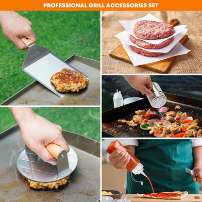 Stanbroil 5 Piece Smash Burger Press Kit for Flat Top Grill, Stainless Steel Grill Spatula and Burger Smasher, Spice Shaker, Squeeze Bottles and Patty Paper for BBQ Griddle Cooking