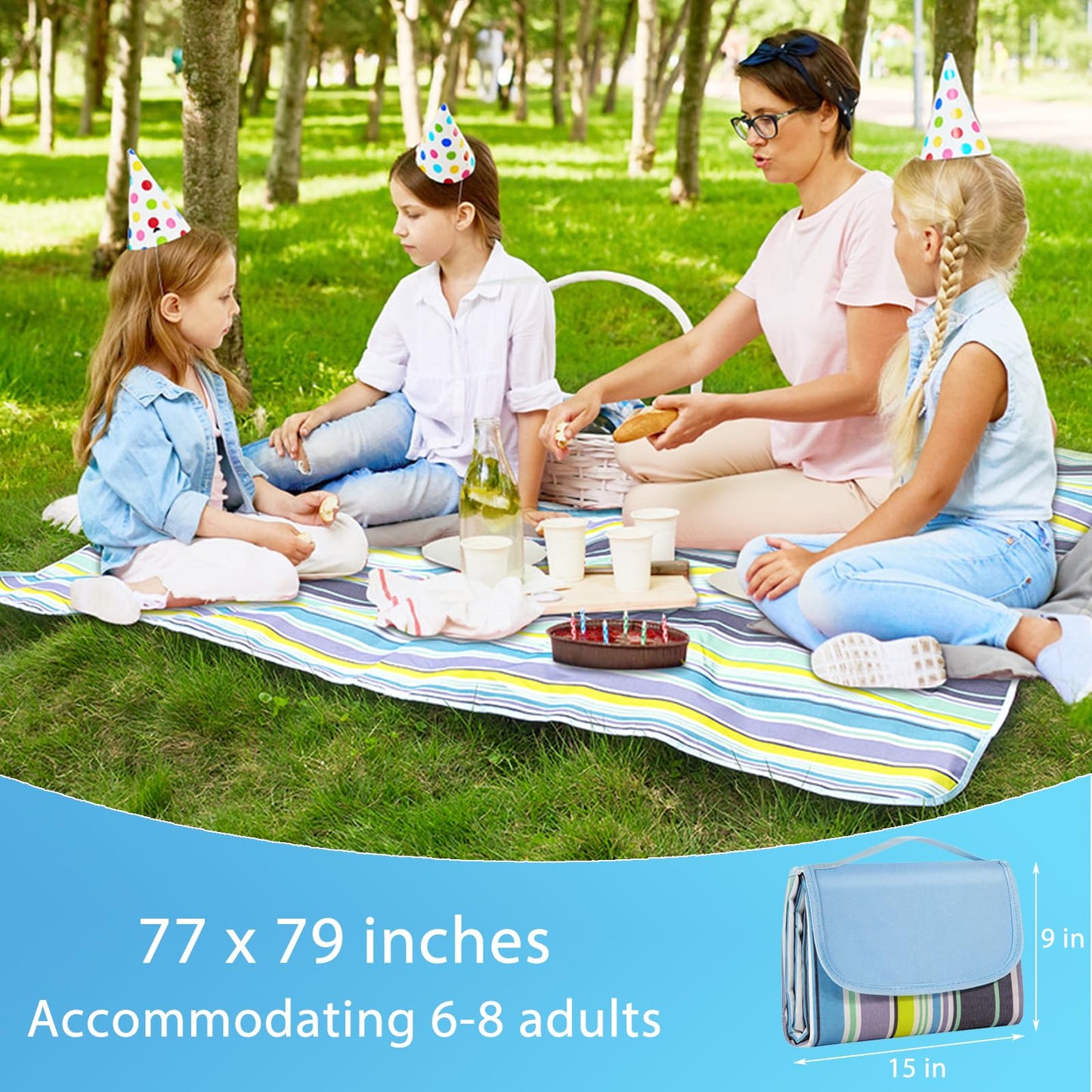 ADRIMER Large Picnic Blanket 77" x 79", Outdoor Waterproof Picnic Mat, Portable Beach Blanket for Family, Beach, Park, Camping, Hiking, Blue & White