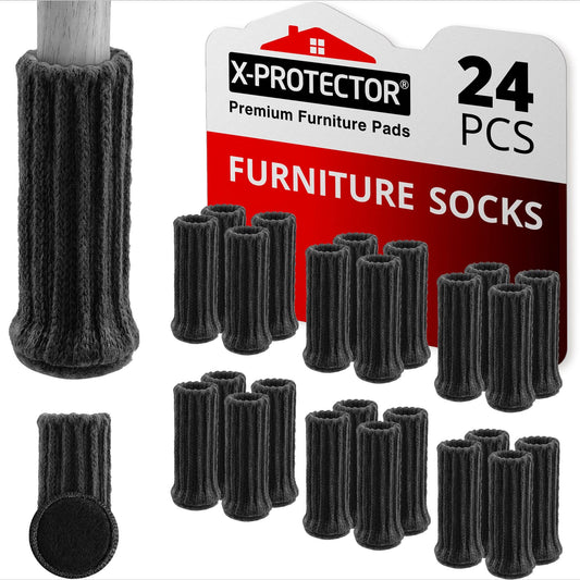 Chair Leg Socks X-PROTECTOR – 24 PCS Furniture Socks – Chair Covers for Legs 1”-2” - Chair Leg Floor Protectors – Black Hardwood Floor Protectors – Knitted Chair Feet Socks – Shape Doesn't Matter!