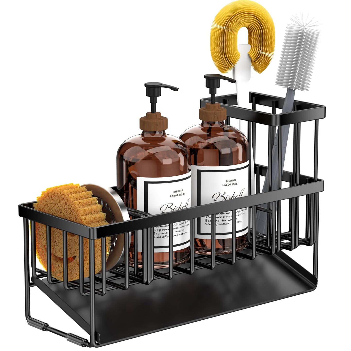 Cisily Extra Large Kitchen Sink Caddy Organzier with High Brush Holder, Sponge Holder for Sink, 304 Rustproof Stainless, Kitchen Countertop Soap Dispenser Organizer, Kitchen Decor and Accessories