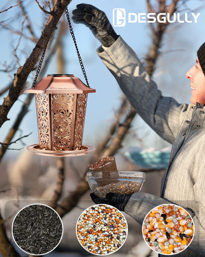 Solar Bird Feeders for Outdoors Hanging - Premium Grade Metal Bird Feeder, Chew-Proof, Weather and Water Resistant Wild Bird feeders, Outside and Garden Decoration
