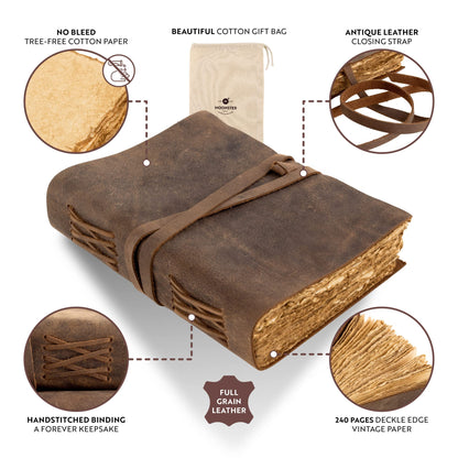 Vintage Leather Journal, 240 Pages Tree-Free Cotton Deckle Edge Paper, Blank Leather Bound Journal Book of Shadows, Antique Handmade Art Journal Old Style Notebook, MOONSTER® Leather Sketchbook 7"x5"