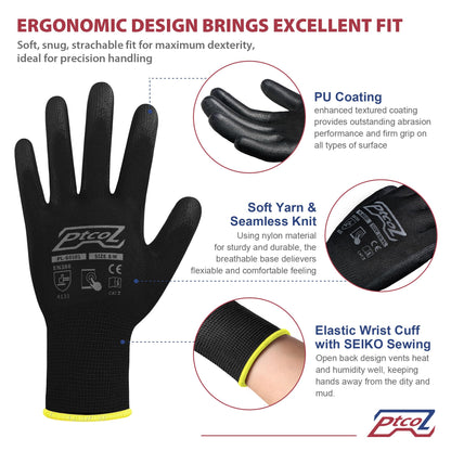 PTCOL PU Coated Work Gloves -12 Pairs Bulk Pack, Excellent Grip, Seamless Knit Nylon Safety Gloves with Polyurethane Coated for Touchscreen, Lightweight, Ideal for Light Duty Work (Large)