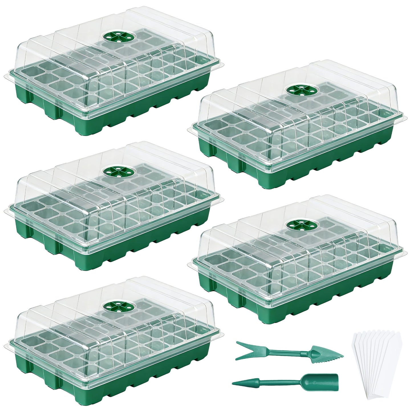5 Pack Seed Starter Trays with Ventilation Holes - Reusable Seedling Starter Kit for Vegetables, Herbs, Flowers - Plant Germination & Seed Starting (40 Cells Per Tray, Total 200 Cells), Green