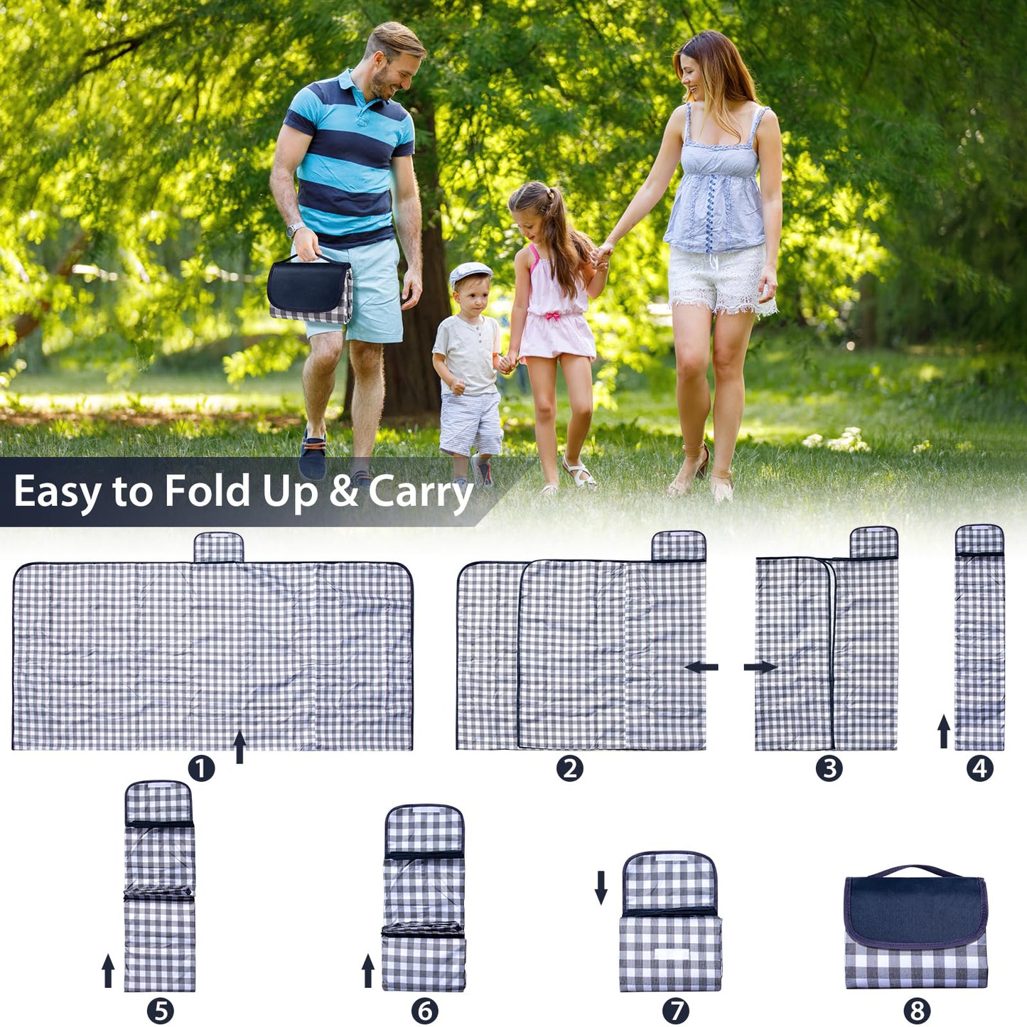 BARTHKIT Extra Large Outdoor Picnic Blanket, 79"x79" Waterproof Sandproof Beach Blanket, Portable Camping Blanket Lightweight for Camping Beach Park Courtyard, Black & White Grid
