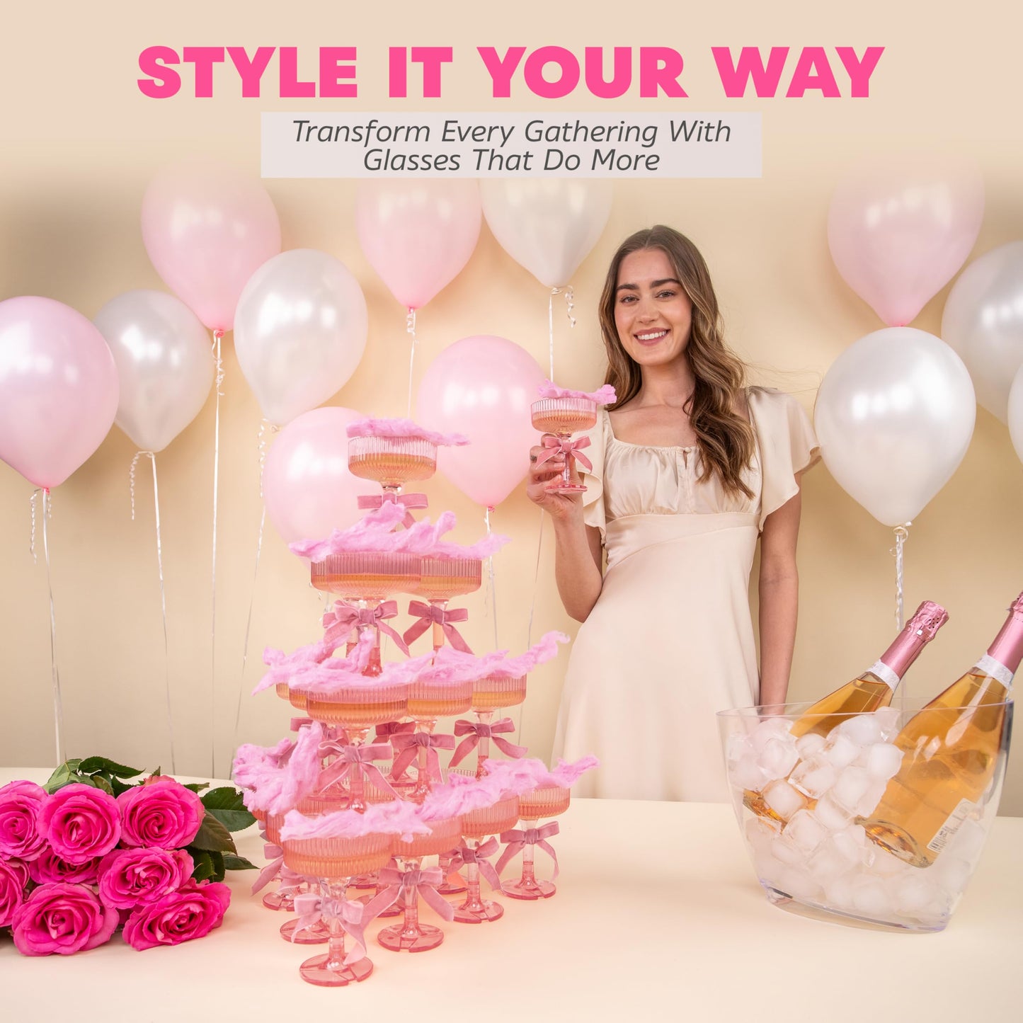 Plastic Champagne Tower - 21-Piece 7oz Plastic Coupe Glasses, Champagne Tower Glasses Set for Weddings, Parties & Hosting - Pink