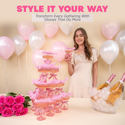Plastic Champagne Tower - 21-Piece 7oz Plastic Coupe Glasses, Champagne Tower Glasses Set for Weddings, Parties & Hosting - Pink