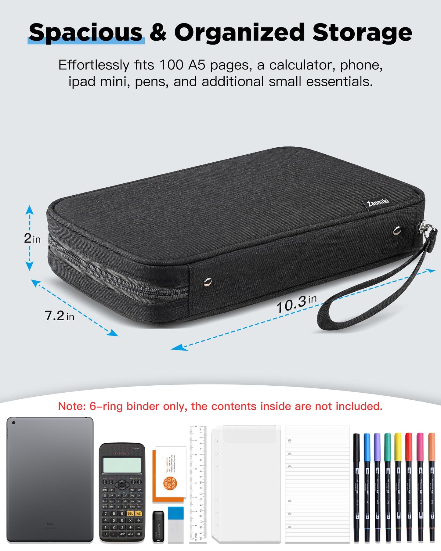Zannaki A5 Zipper Binder, 6 Ring Personal Planner Journal Budget Binder Cover Case, Refillable Notebook Shell for Journal Diary File Album Photo Card Organizer Portable School Office Supplies, Black