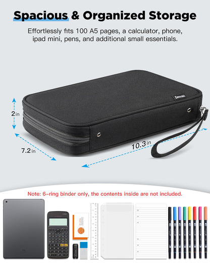 Zannaki A5 Zipper Binder, 6 Ring Personal Planner Journal Budget Binder Cover Case, Refillable Notebook Shell for Journal Diary File Album Photo Card Organizer Portable School Office Supplies, Black