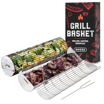 Rolling Grill Basket, New Opening Design, Extra Sturdy Cylinder Grilling Basket, Food Grade Stainless Steel, Large Portable Outdoor Camping accessories BBQ Net Rack, Cooking Griller for Fish