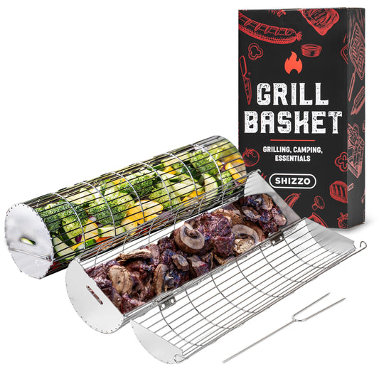 Rolling Grill Basket, New Opening Design, Extra Sturdy Cylinder Grilling Basket, Food Grade Stainless Steel, Large Portable Outdoor Camping accessories BBQ Net Rack, Cooking Griller for Fish
