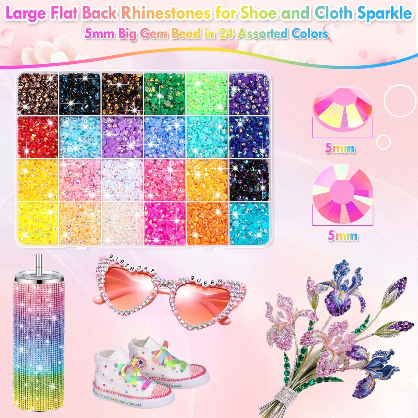 B7000 Glue with Large Rhinestones for Crafting, 5MM Rainbow Rhinestones Flat Back Gems Crystal with Jewelry Glue Adhesive for DIY Graduation Cap Bedazzling Crafts Clothes Tumblers Shoes