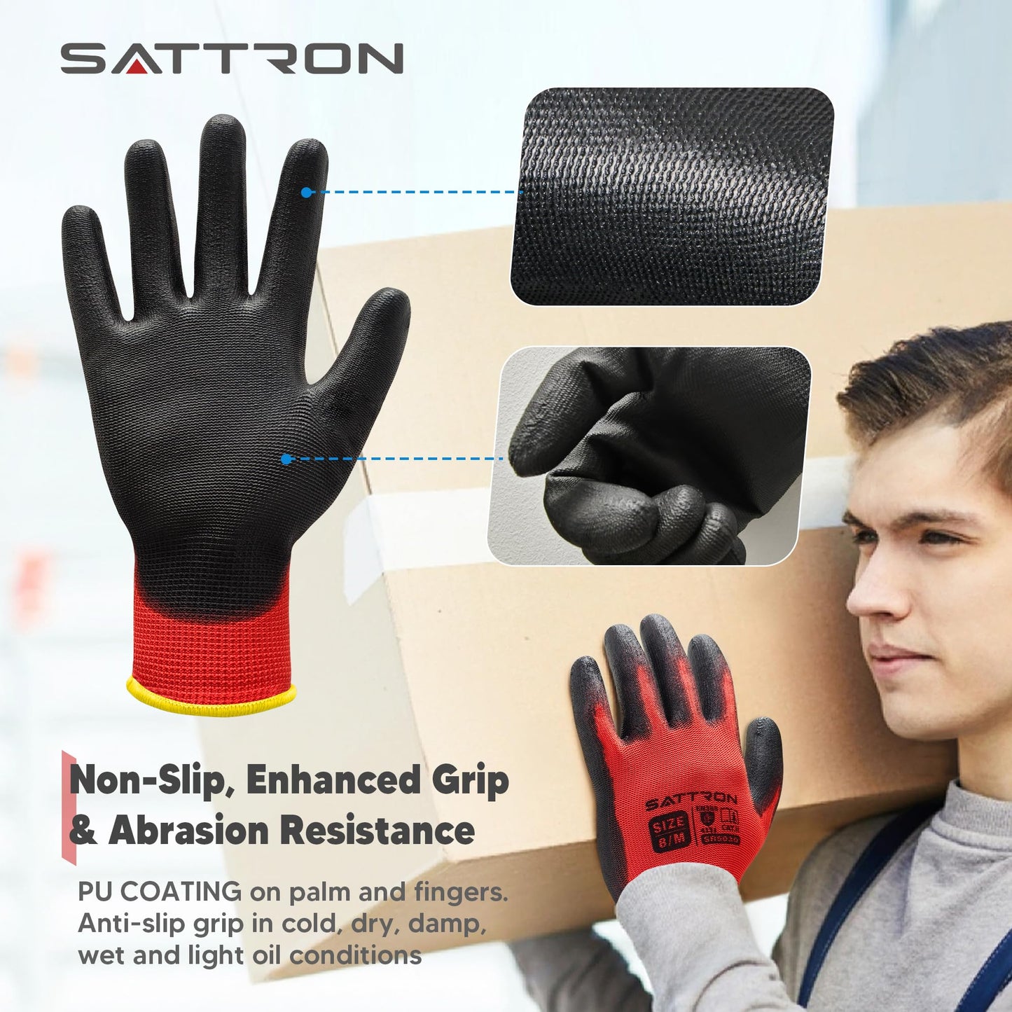 Safety Work Gloves PU Coated, 12 Pairs Seamless Knit Gloves with Polyurethane Coating Working Gloves Excellent Grip for Men & Women, Breathable, Ideal for General Duty Work DIY (Red, X-Large)