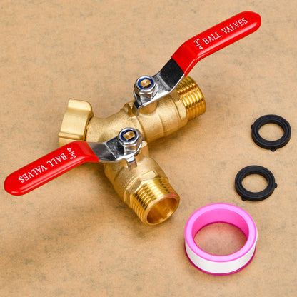 XIBETEO Heavy Duty Brass Garden Hose Splitter 2 Way with Stainless Steel Long Handle 3/4" GHT Thread Hose Y Valve Garden Hose Connector with Seal Tape and Washers
