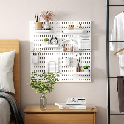 White Plastic Pegboard Organizer Wall Panel, Home Office Kitchen Garage Peg Board Wall Organizer Panels with Hooks Desk Adhesive Pegboards Rack Accessories Kit Display (2 Boards -8 Accessories)