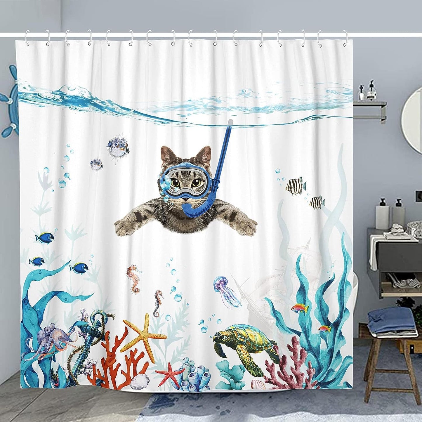 SparkLia Funny Cat Shower Curtain, Diving Underwater World Shower Curtain Sets with Animal Turtle Octopus Starfish, Waterproof Fabric Nautical Kids Curtain with Hooks for Bathroom Décor - 72" x 72"